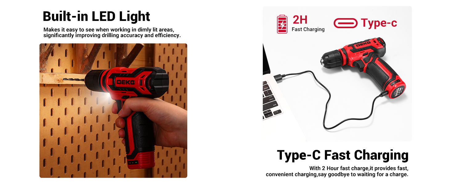 Акумуляторна дриль-шуруповерт DEKO 12V: набір інструментів 238 шт. з акумулятором для дому, ремонту та рукоділля (червоний)