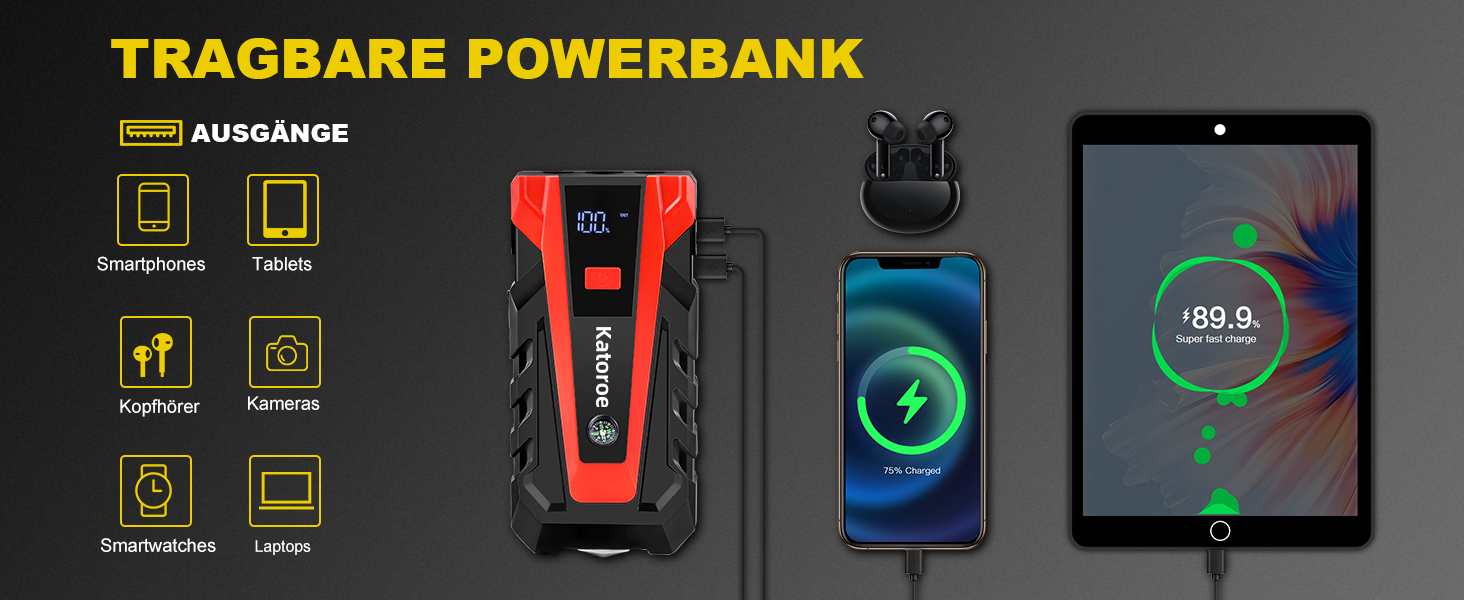 Powerbank Starthilfe 4000A: Зарядний пристрій для авто, SUV та мотоциклів з LED ліхтариком. Підходить для бензинових двигунів до 9.0L та дизельних до 7.0L