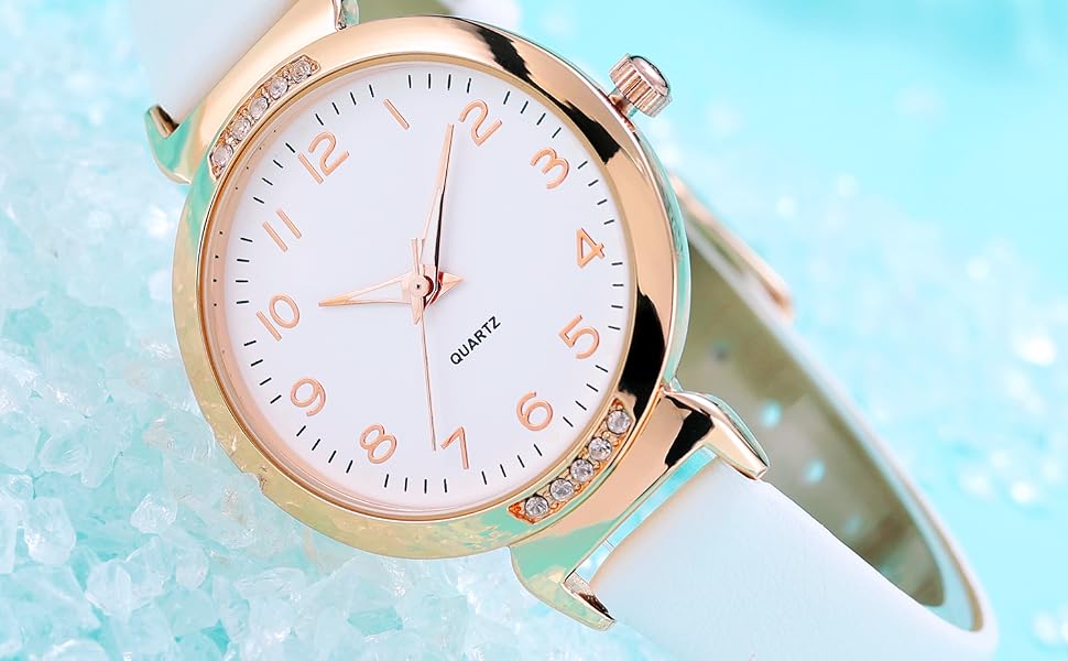 Жіночий класичний кварцовий годинник NUOVO Rose Gold з білим шкіряним ремінцем та кристалами на безелі