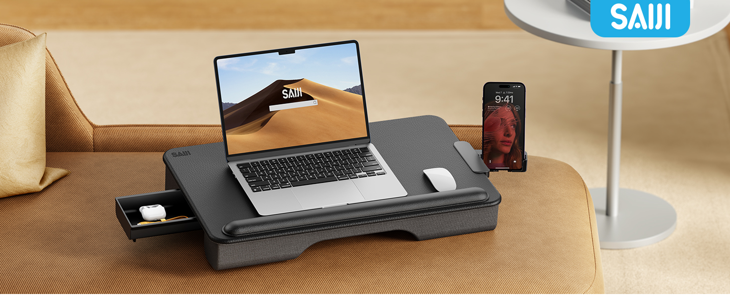 Підставка для ноутбука SAIJI з підставкою для зап'ястя та відділенням для телефону, для роботи в ліжку/на дивані, чорна