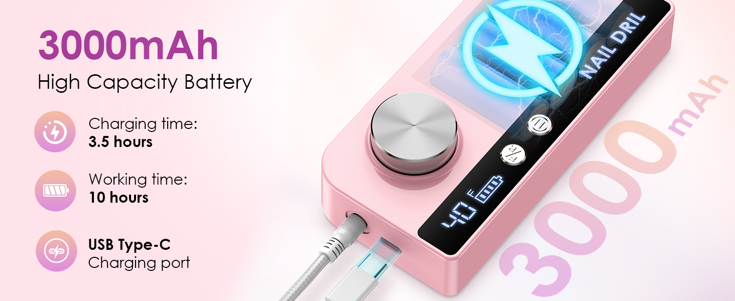 Електричний апарат для манікюру та педикюру з LCD-дисплеєм, 40000 об/хв, 15 насадок, рожевий. Для професійного та домашнього використання