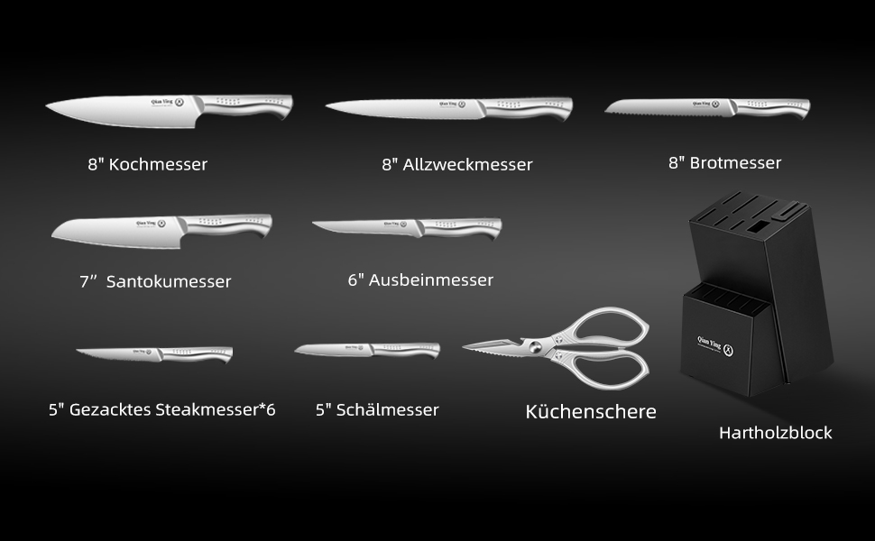 Набір кухонних ножів Qianying з блоком: 14 предметів. Набір ножів з підставкою, точилка, срібний колір. Кухонні ножі, подарунок для мами. Преміум якість.