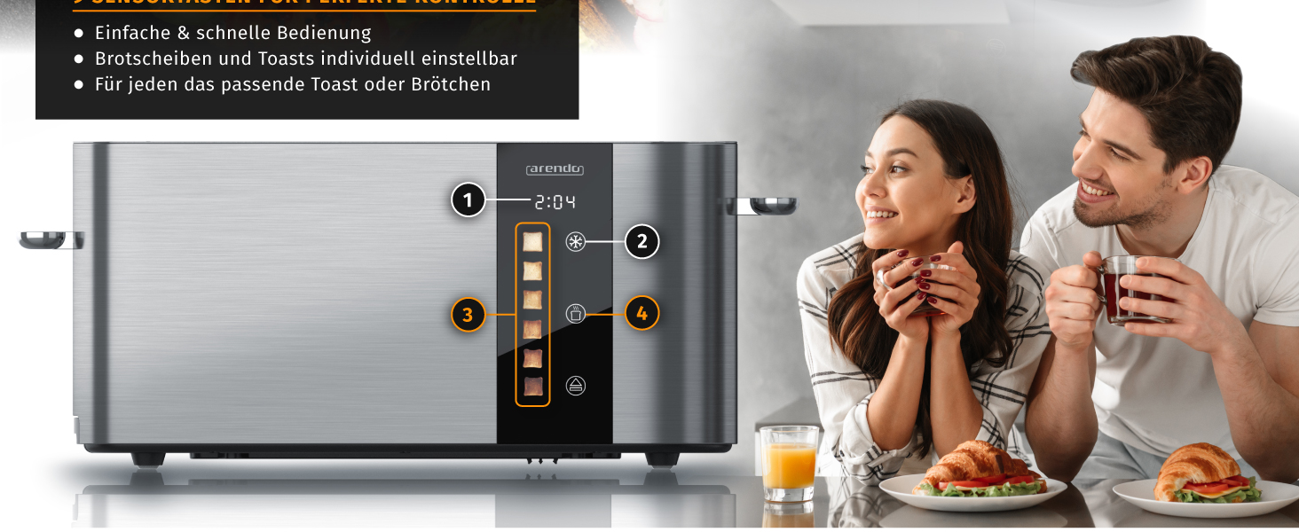 Тостер Arendo з нержавіючої сталі, 2 відділення, довгий проріз, сенсорний екран, подвійні стінки, насадка для бургерів, 6 рівнів підсмажування, центрування хліба, індикатор часу, функція пам'яті, чорний (C: Steelsilver)