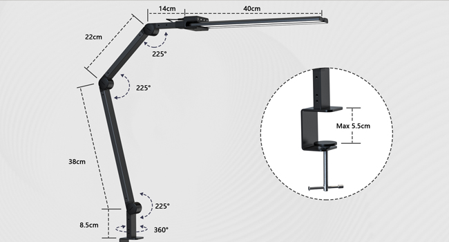 LED лампа для столу KableRika 24W з двома головками, регулювання яскравості, 1200lm, захист очей, для офісу та дому, чорна