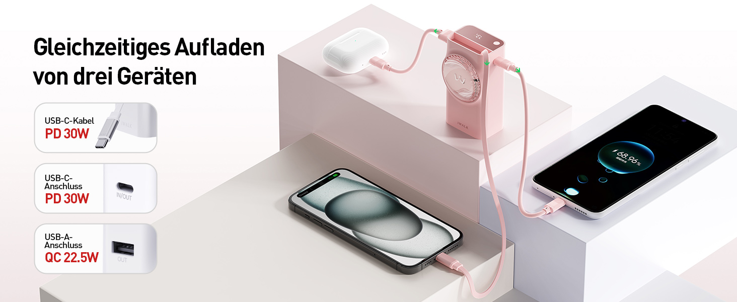 Power Bank iWALK 10000mAh з вбудованим кабелем USB-C 70см, 3 виходи, 30W PD, рожевий