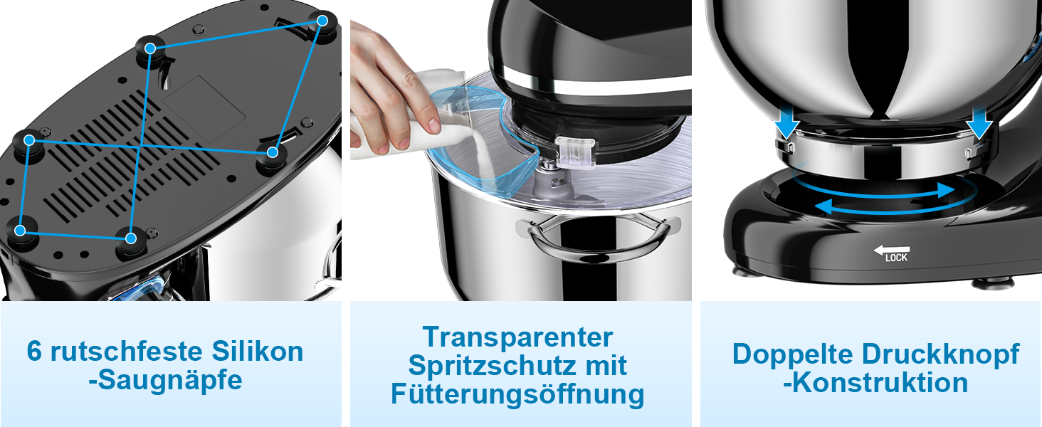 Кухонний комбайн-міксер 1500W з чашею з нержавіючої сталі 7Л, планетарний міксер для тіста з 6 швидкостями та набором насадок (гак, вінчик, міксер), чорний