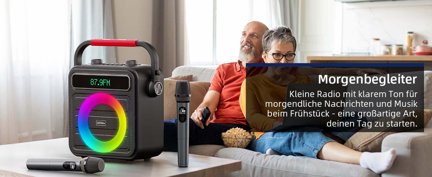 Караоке машина для дорослих та дітей – портативна система з 2 мікрофонами, Bluetooth, TF, USB, AUX, TWS, динамік, чорна