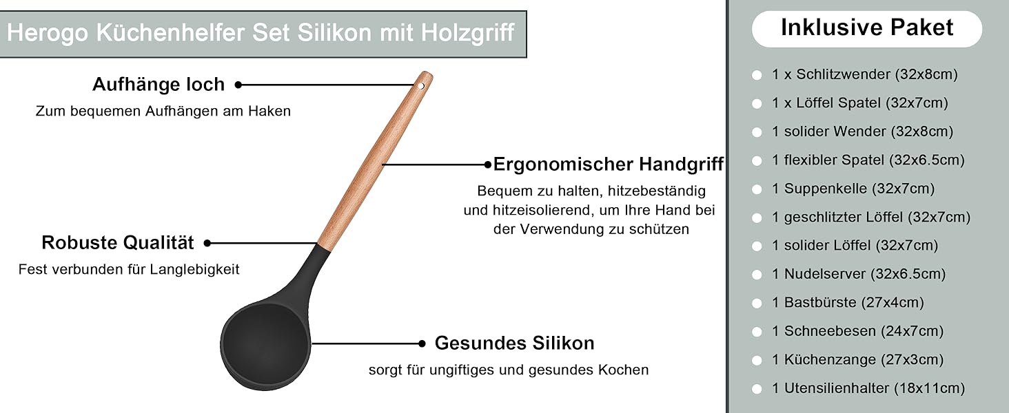 Набір кухонних аксесуарів Herogo: 12 шт. силіконове кухонне приладдя з тримачем, стійке до високих температур, з дерев'яними ручками, антипригарний лопатка (чорний)