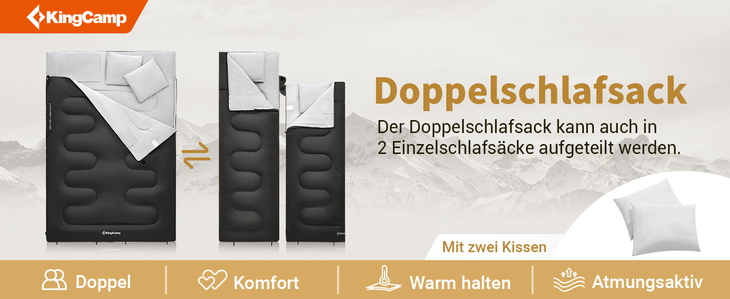 KingCamp Double Sleeping Bag - Winter Adult Sleeping Bag for 2 People with Carry Bag - Black