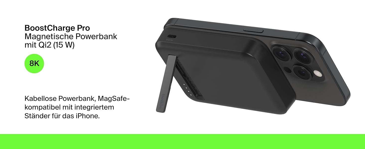 Power Bank Belkin BoostCharge Pro 10000mAh з Qi2, MagSafe, вбудований стійка, чорний, для iPhone 17, Air, 16, 15, 14, Pixel та інші