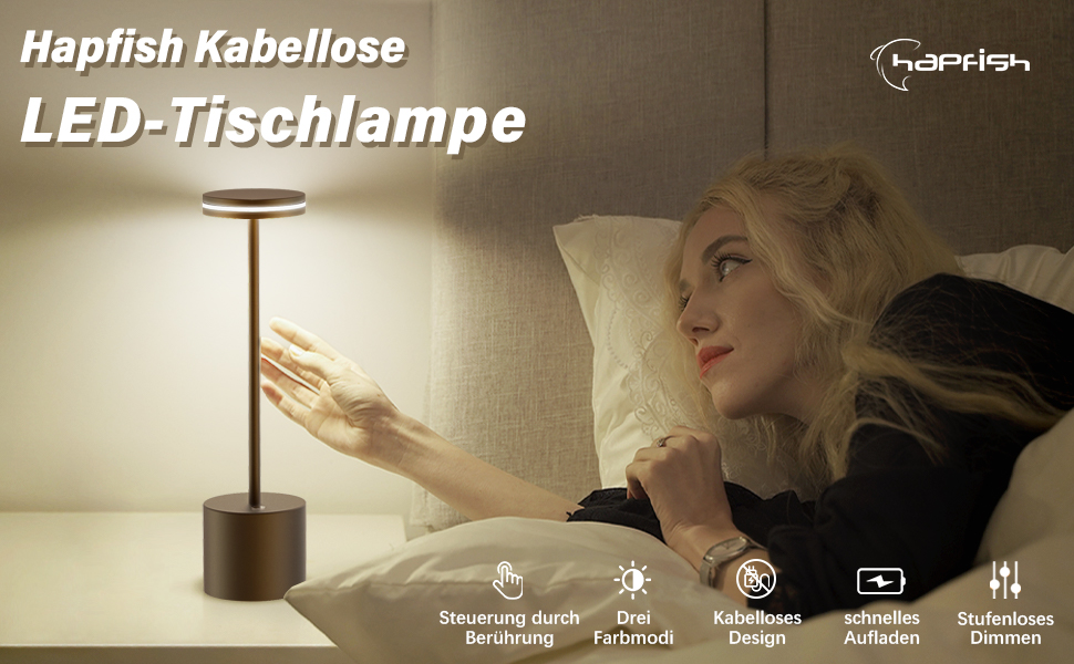 LED-лампа Hapfish настільна бездротова акумуляторна, 5000mAh, сенсорне керування, регулювання яскравості, перезаряжається, алюміній, 3 колірні температури, для вулиці, нічника, столу, робочого столу – чорна