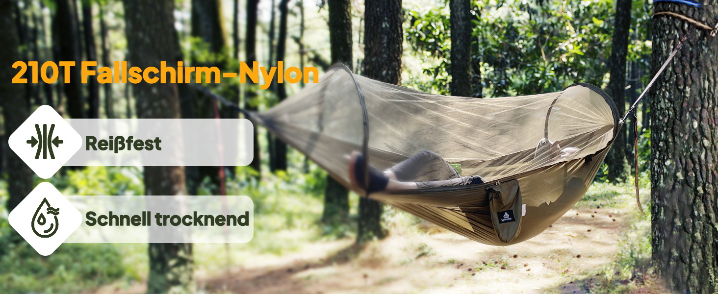 Гамак для кемпінгу NATUREFUN з москітною сіткою | Легкий, міцний (300 кг), дихаючий, швидковисихаючий, армійний зелений | 2 карабіни, 2 стропи в комплекті