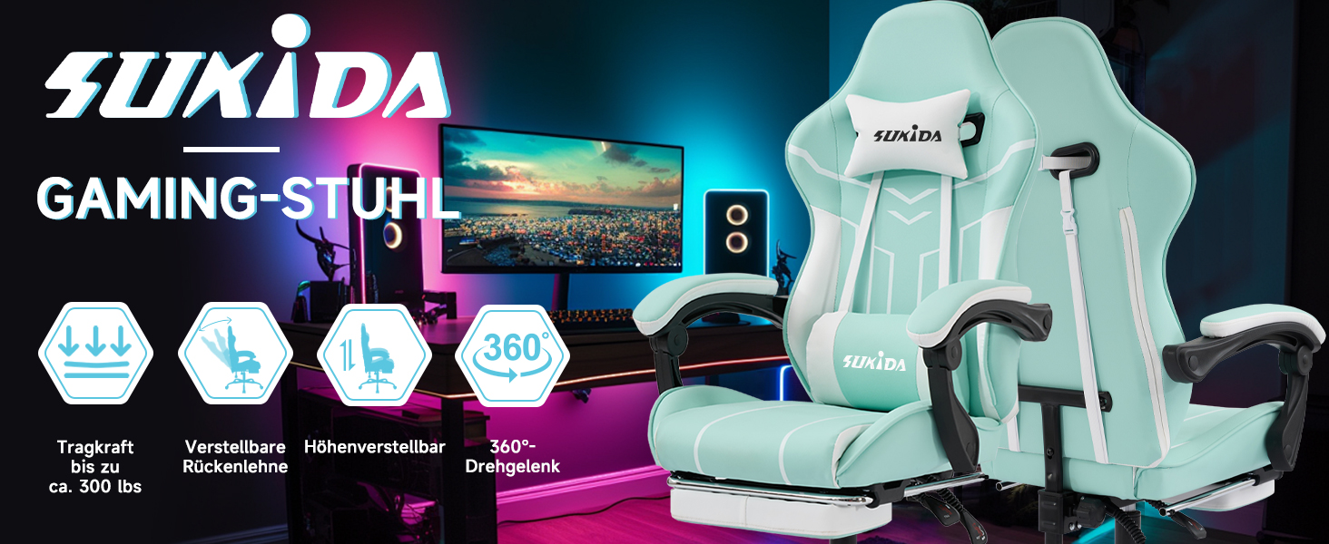 Ігрове крісло SUKIDA Ergonomic Gaming Chair з підставкою для ніг та підтримкою попереку, фіолетово-біле