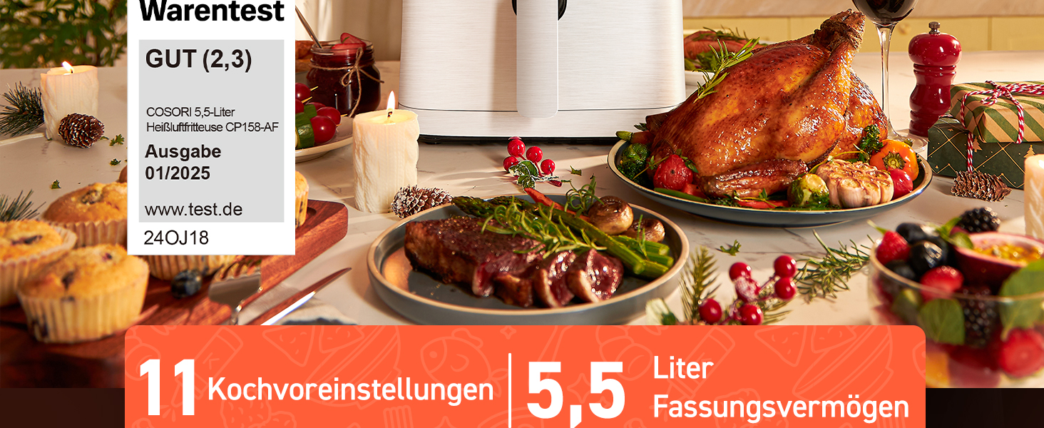 Фритюрниця без олії COSORI CP158-AF, Біла, 11 функцій, Економія енергії 55%, 100 рецептів, Shake Reminder, Лауреат Stiftung Warentest 2024