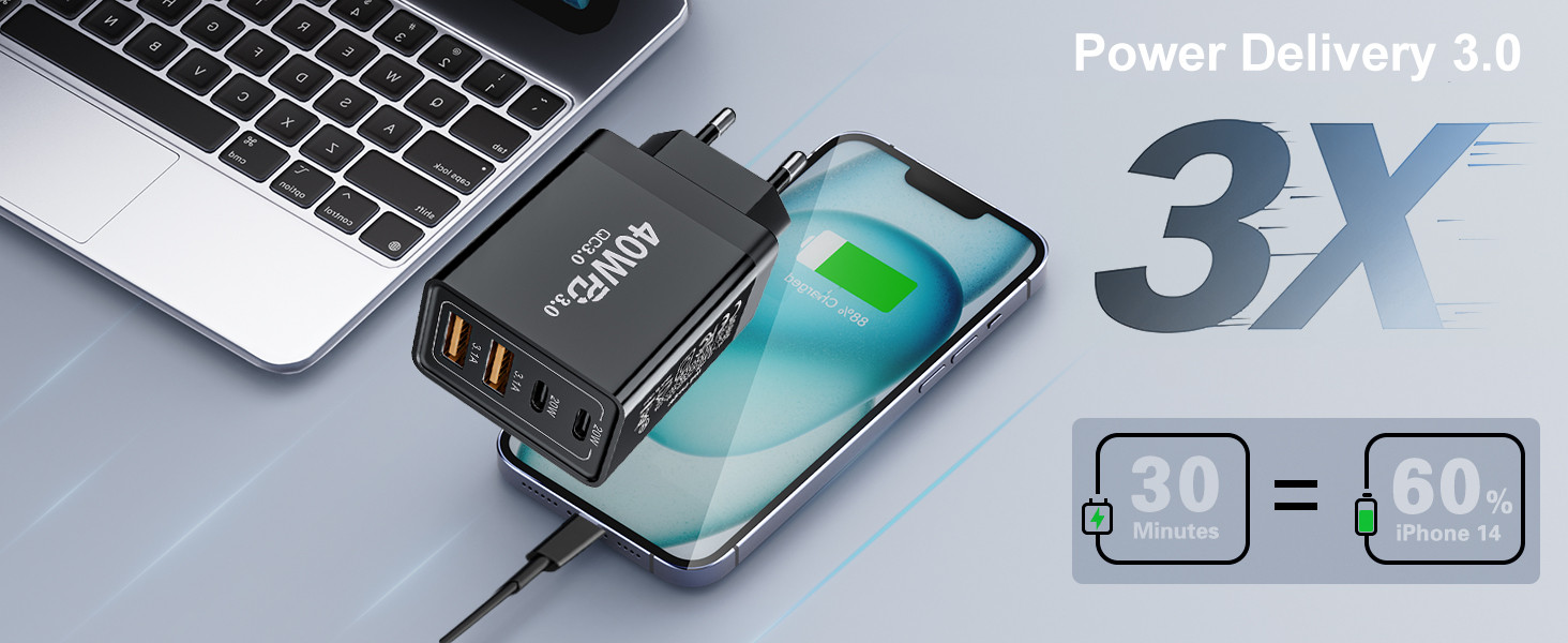 Подвійний зарядний пристрій USB-C 40W з 4 портами (USB-C та USB-A), PD 3.0, для iPhone, Samsung, iPad, Tablet, 2 шт., чорний