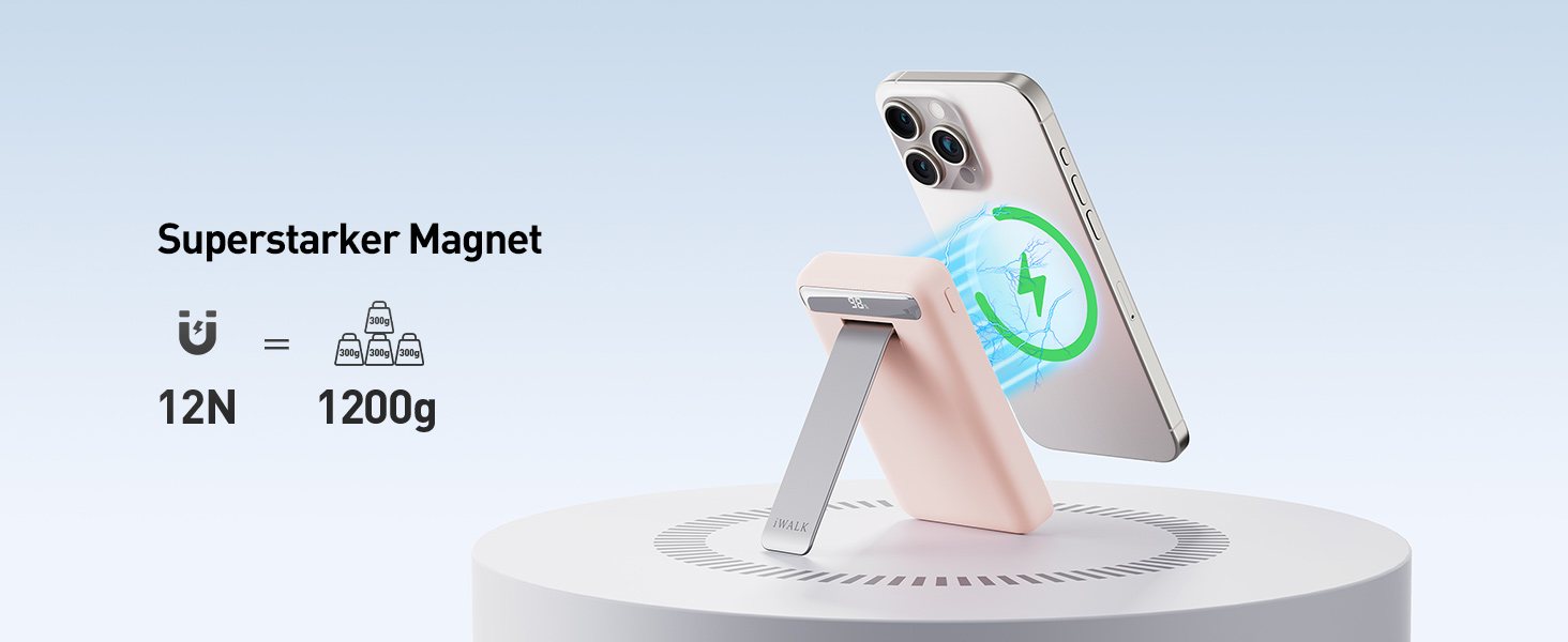 Магнітний бездротовий павербанк iWALK Magnetic 15W 10000mAh, Qi2 сертифікований, з LED-дисплеєм та підставкою, швидка зарядка для iPhone 16/15/14/13/12 Pro Max/Plus/Mini, Рожевий