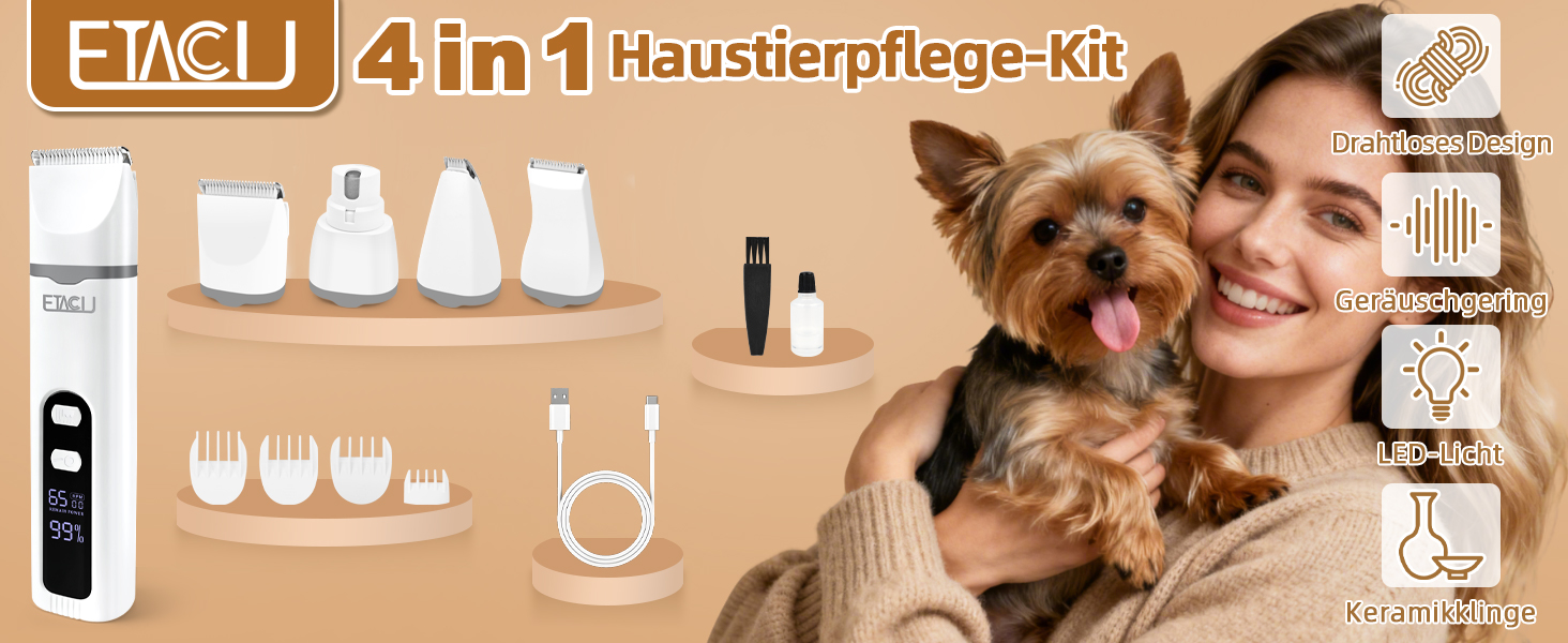 Машина для стрижки собак та котів ETACCU 4-в-1 з LED-дисплеєм, тример для лап, шліфувальник кігтів