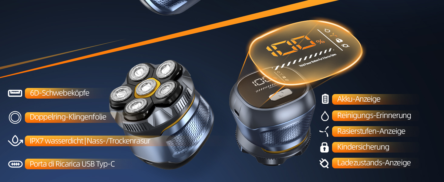 Електрична бритва для гоління голови Glatzen 6D, чоловіча, 2 режими, магнітна, IPX7 водонепроникна, Type-C, для сухого та вологого гоління 0.0 мм