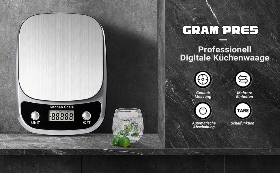 Кухонні ваги GRAM Digital K1905-10KG: цифрова вага для кухні, 10 кг, 1 г, нержавіюча сталь, LCD-дисплей