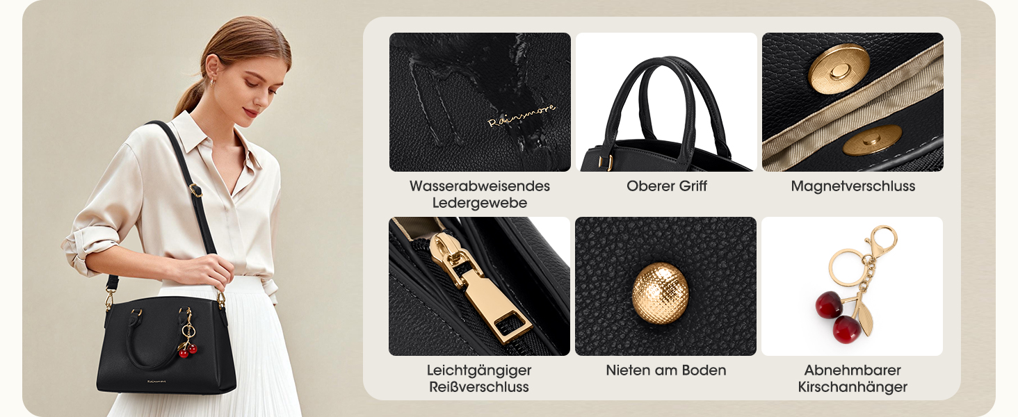 Сумка жіноча RAINSMORE середнього розміру з PU шкіри, чорна. З ручкою та знімним ременем, для планшета 11 дюймів, для роботи та шопінгу