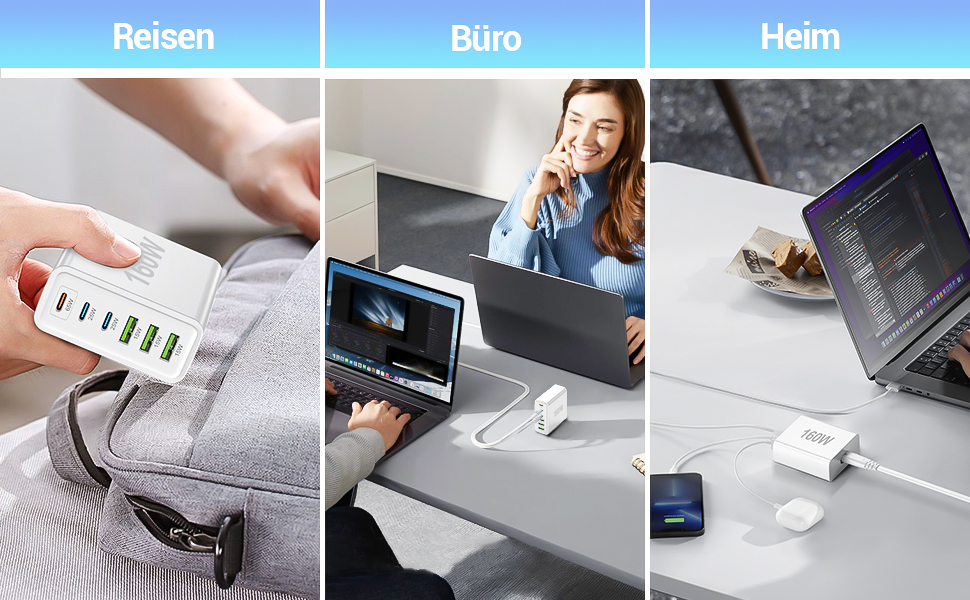 Зарядний пристрій USB 160W, 6 портів (USB-C, USB-A) - Швидка зарядка для ноутбука, смартфонів, iPad, навушників - Білий