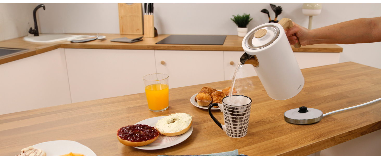 Тостер Briebe Nordic Set з широкими слотами та підставою для бургерів, 6 режимів підсмажування + Електричний чайник 1,7л, 2200W, BPA-free, Набір для сніданку, Скандинавський дизайн (Білий)