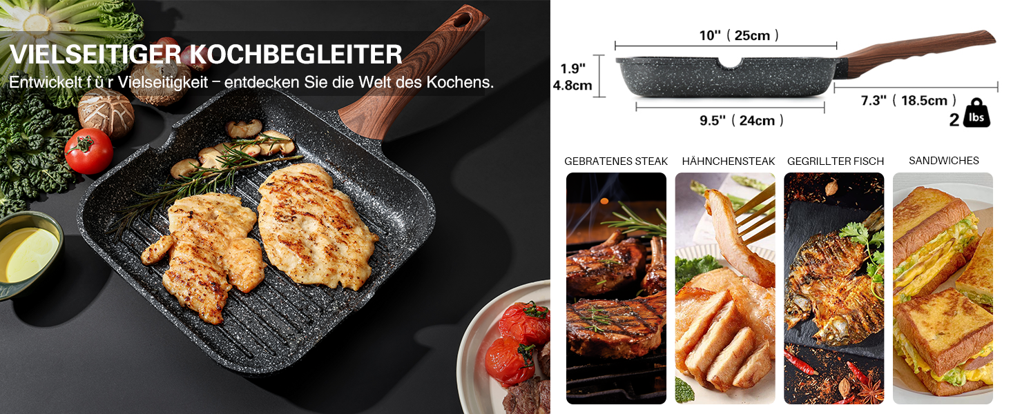 Kordisen Гриль сковорода антипригарна 24 см квадратна для індукції, гранітне покриття, з виливом, універсальна для приготування в приміщенні, без PFOA, чорна