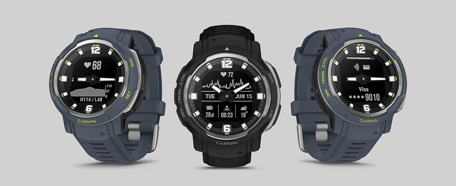 Garmin Instinct Crossover – гібридовий смарт-годинник з GPS, аналоговим вимірюванням часу, 40+ спортивних функцій, сповіщеннями та Garmin Pay (Granitblau/Silber)