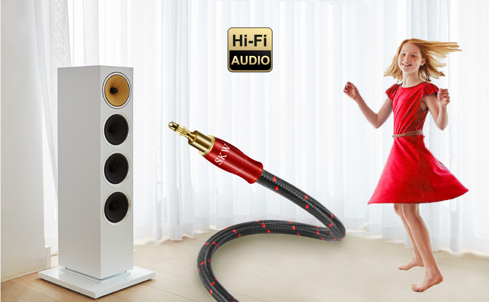 Комплект акустичних кабелів SKW 2м (пара), 14 AWG OFC мідь, екрановані, з позолоченими банановими та гвинтковими роз'ємами, у бавовняному обплетенні, червоні