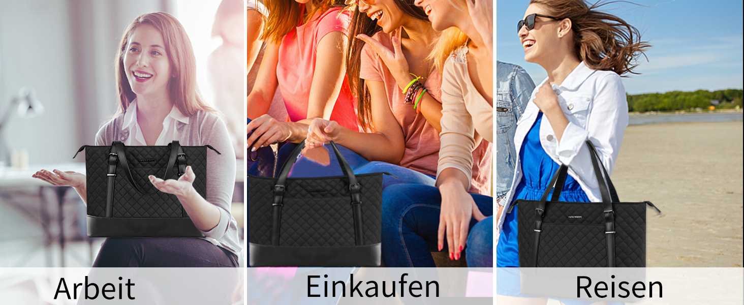 Сумка для ноутбука KROSER жіноча чорна елегантна 15.6 дюймів, велика легка сумка-тоут для бізнесу, школи, подорожей - стебнована