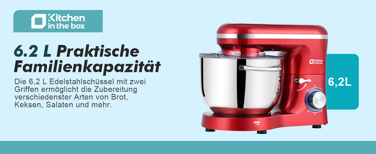 Кухонна машина Küchenmaschine 6.2 л, 1400 Вт, 6 швидкостей з набором насадок (міксер, гак для тіста, вінчик)