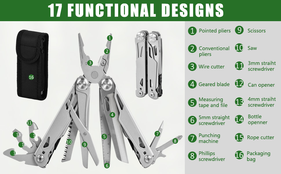 Багатофункціональний інструмент 17-в-1: плоскогубці, викрутки, ніж, пилка. З нержавіючої сталі. Для дому, відпочинку на природі, кемпінгу. Чудовий подарунок для чоловіків