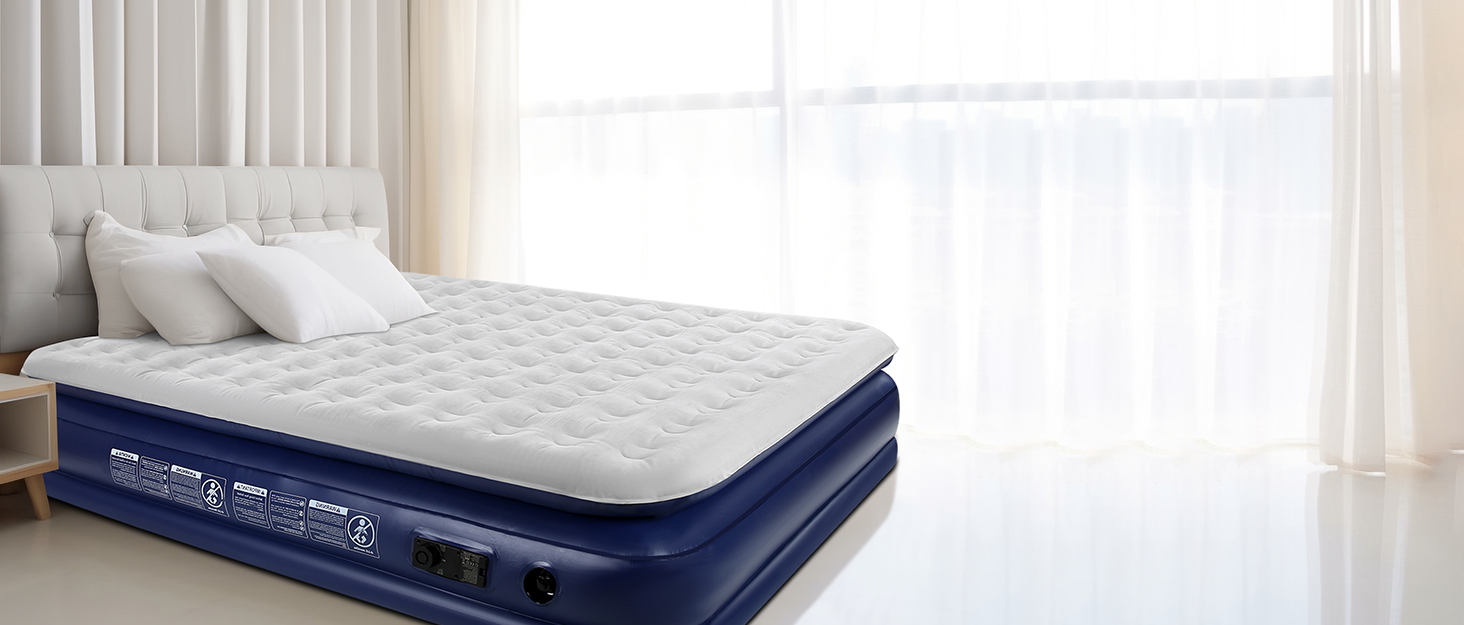 Надувний матрац 152x203 см для 2 осіб з електричним насосом | Гостьове ліжко & кемпінг | Надувне ліжко блакитно-біле