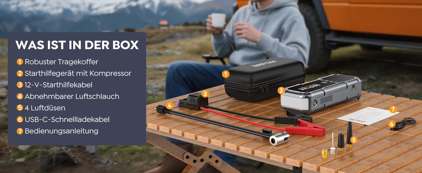 Powerbank Starthilfe BRPOM 8000A з компресором 160PSI для автомобілів, 26800mAh, підтримка бензинових та дизельних двигунів (12.0L), LED-ліхтар 600LUM, сріблясто-сірий колір