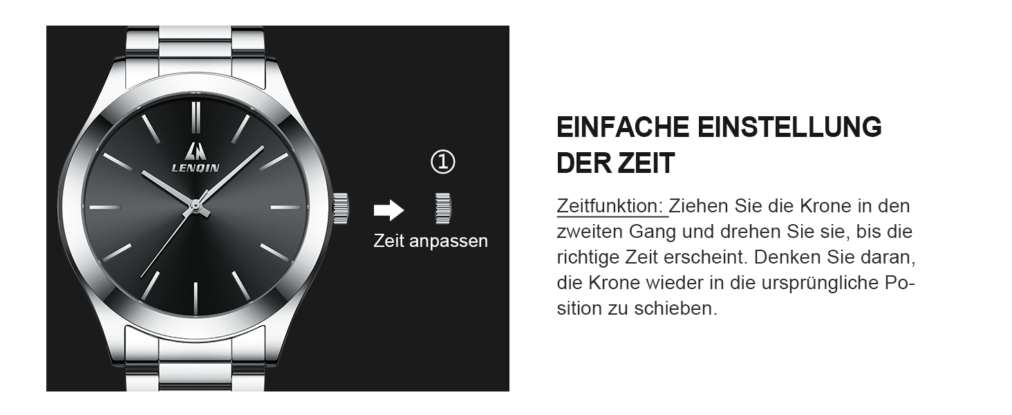 Годинник чоловічий LENQIN з нержавіючої сталі, аналоговий кварцовий годинник, водостійкий (30м), для бізнесу та повсякденного носіння, срібно-чорний (02)