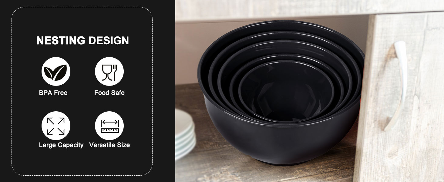 Набір салатниць з кришкою Greentainer, 10 шт. - пластикові миски для кухні, великий набір для змішування та сервірування, чорний