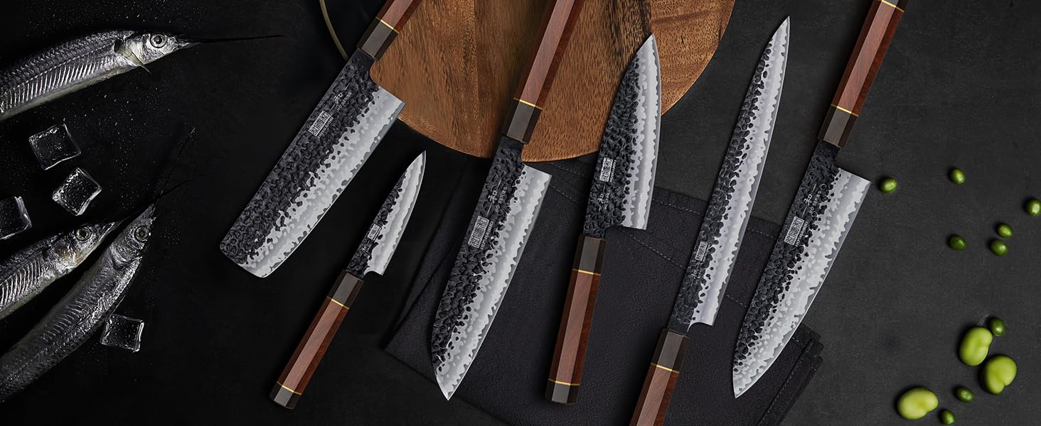 Японський ніж Kiritsuke HOSHANHO 23 см, професійний кухонний ніж з 9 шарів вуглецевої сталі, ніж шеф-кухаря, універсальний ніж у подарунковій коробці (набір ножів 3 шт.)