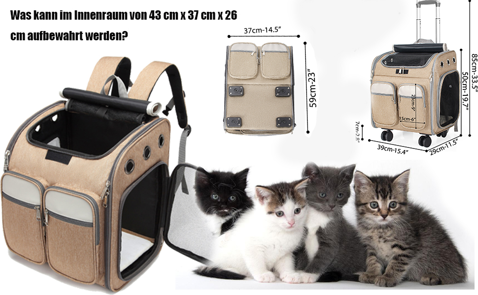 Транспортувальна сумка для тварин на колесах, для котів та маленьких собак, 4-в-1, рюкзак, дихаюча, хакі