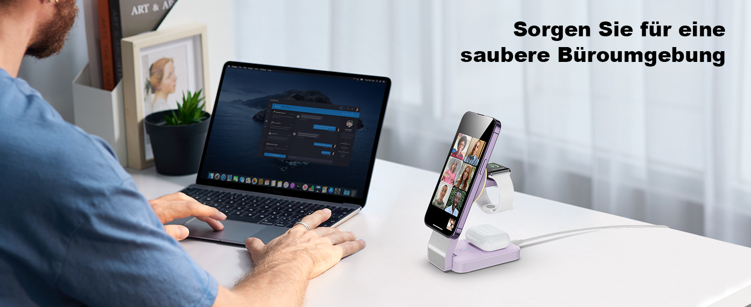 3-в-1 Станція Бездротової Зарядки для iPhone, Apple Watch та AirPods (Біла/Фіолетова)