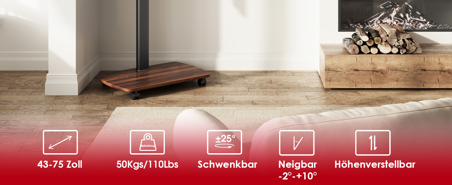 AOKCOS Rolling TV Stand with Wood Shelf - Adjustable Height & Swivel - Fits 43-75 Inch TVs (up to 50kg) - VESA 600x400mm - White+Natural (Black+Vintage Brown)