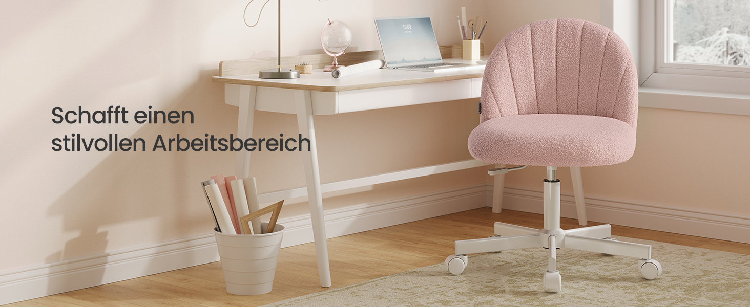 Офісний стілець SONGMICS для дому, рожевий, з м'якою оббивкою з флісу, регульована висота, для спальні, робочого кабінету, гардеробної