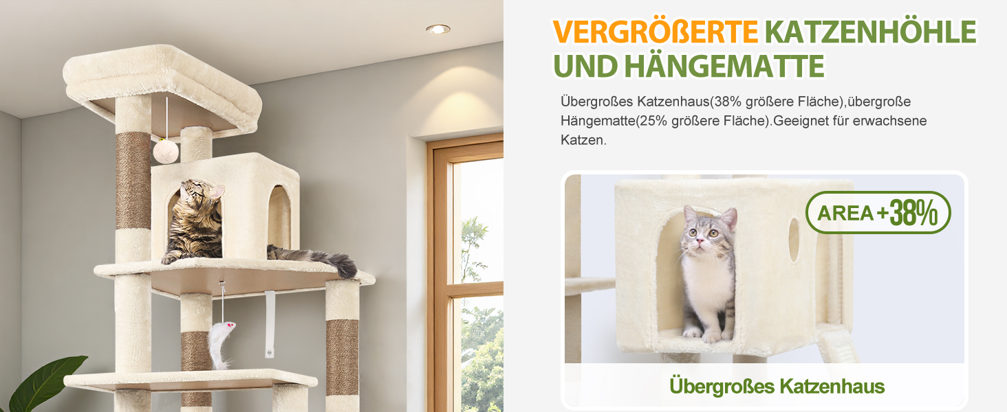 Драбина-кіготь Globlazer Kaktus (178 см) для котів: велика, з гамаком, будиночком та сходами з сизалю. Підходить для 2-4 великих котів. Колір: зелений (F70 Pro)