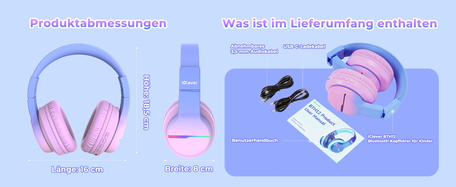 iClever Бездротові навушники для дітей з LED-підсвічуванням, Over-Ear, Bluetooth 5.2, мікрофон, рожевий градієнт, час роботи 85 годин