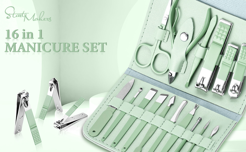 Набір для манікюру та педикюру 16 предметів: професійний набір для підстригання нігтів, чоловічий/жіночий (зелений)