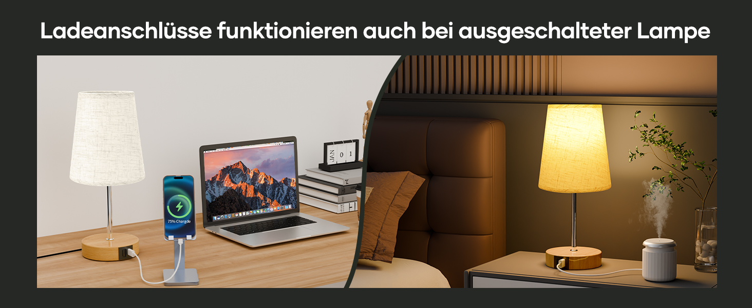 Нічна лампа Suright з торшером з льону, USB-портами A+C, регулюванням яскравості, дерев'яною основою, для спальні/вітальні (LED-лампочка в комплекті), Бежева