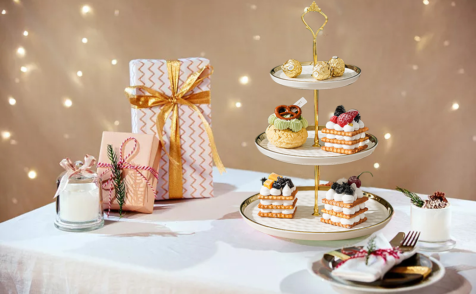 Керамічний підставка для тістечок з 3 ярусами, золоті акценти, для фруктів, десертів та декору столу (біла)