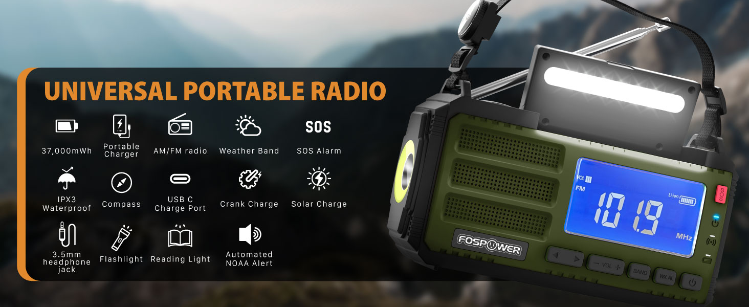 Радіоприймач FosPower NOAA/AM/FM з Power Bank 19240mAh (5200mAh) - Сонячна/USB зарядка, ручний генератор, SOS-сигнал, ліхтарик, помаранчевий (D8)