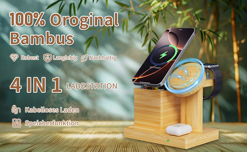 Багатофункціональна бамбукова зарядка 5-в-1 з LED-годинником та нічником. Підходить для Apple Watch, AirPods, Samsung Galaxy та інших пристроїв.