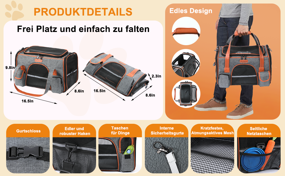 Транспортна сумка Demigreat для котів та собак до 7 кг, дихаюча переноска для середніх та маленьких котів та собак, сумка-переноска для тварин M (42x22x25CM), темно-сіра