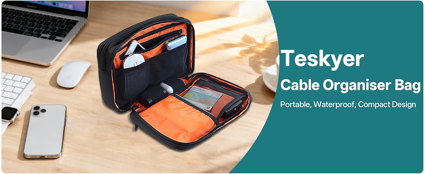 Органайзер для кабелів Teskyer - водонепроникний, портативний, для подорожей, 25 x 17 x 8 см, чорний